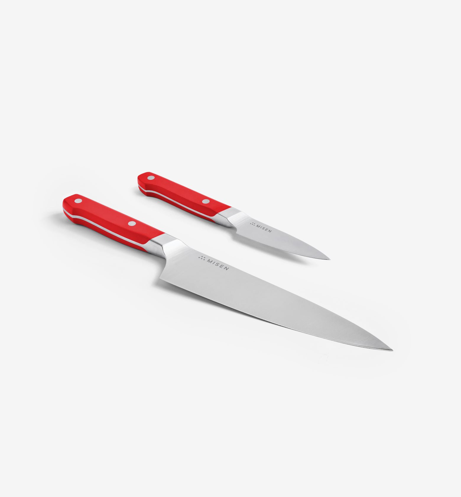Misen chef's knife and paring knife set with red handles