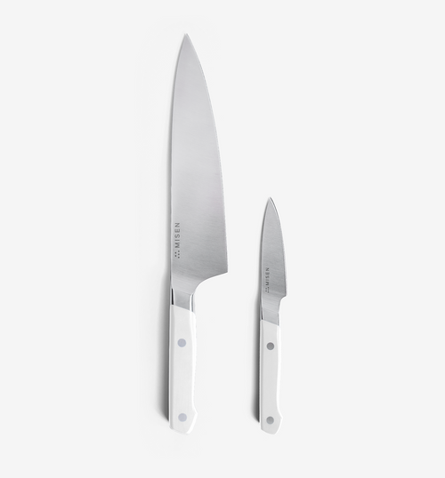 Misen chef knife and paring knife set with white handles and stainless steel blades