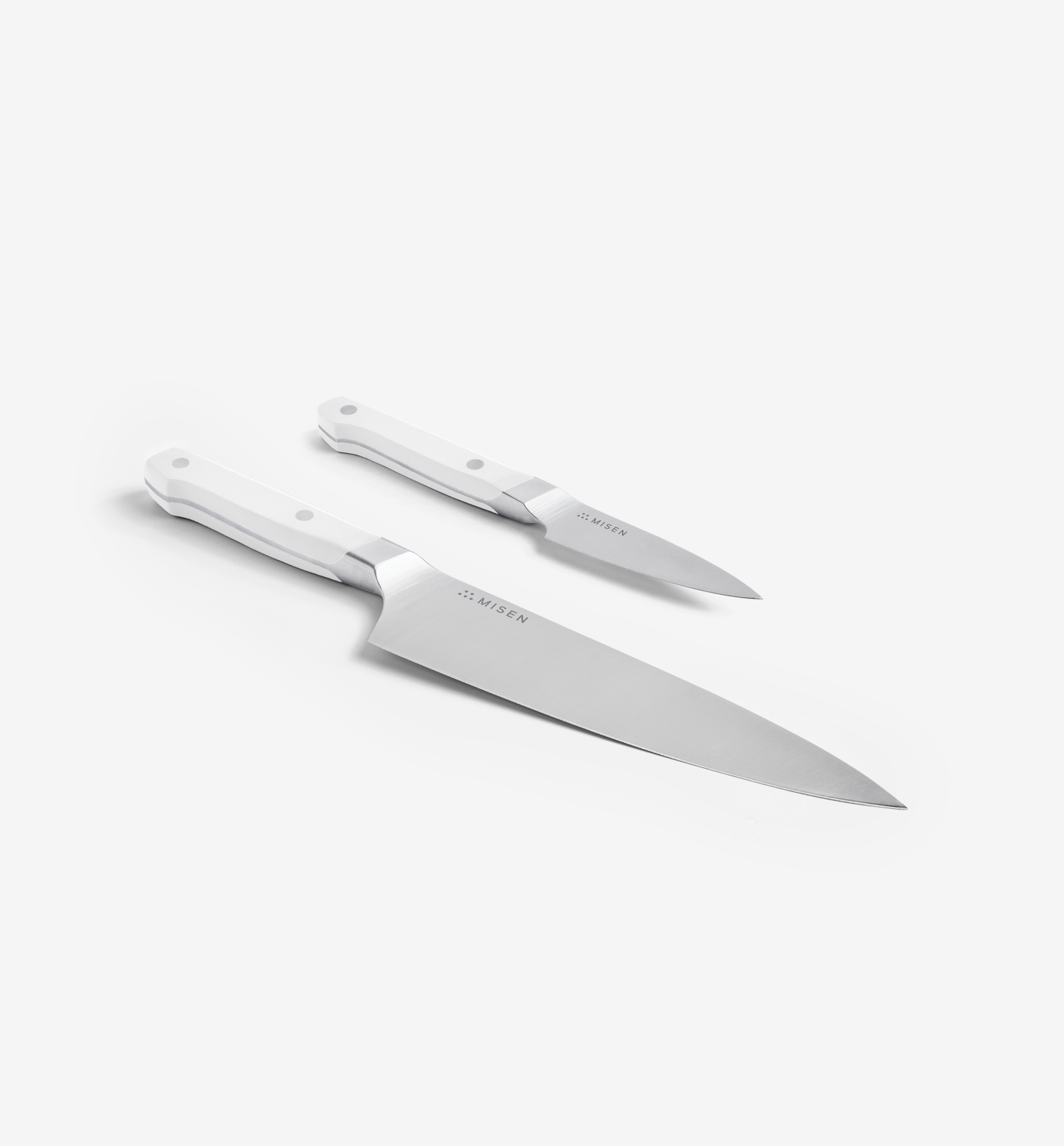 Misen chef knife and paring knife set with white handles