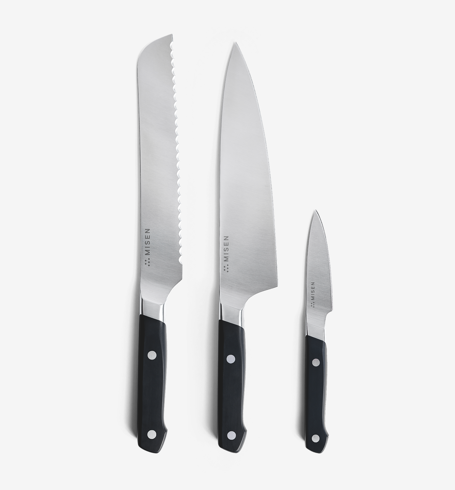Misen 3-piece kitchen knife set with bread knife, chef's knife, and paring knife