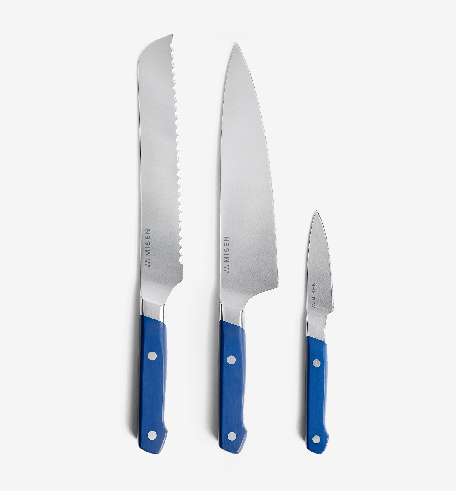 Misen 3-piece knife set with blue handles including bread, chef, and paring knives