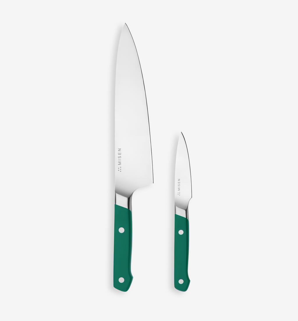 Misen chef's knife and paring knife set with green handles