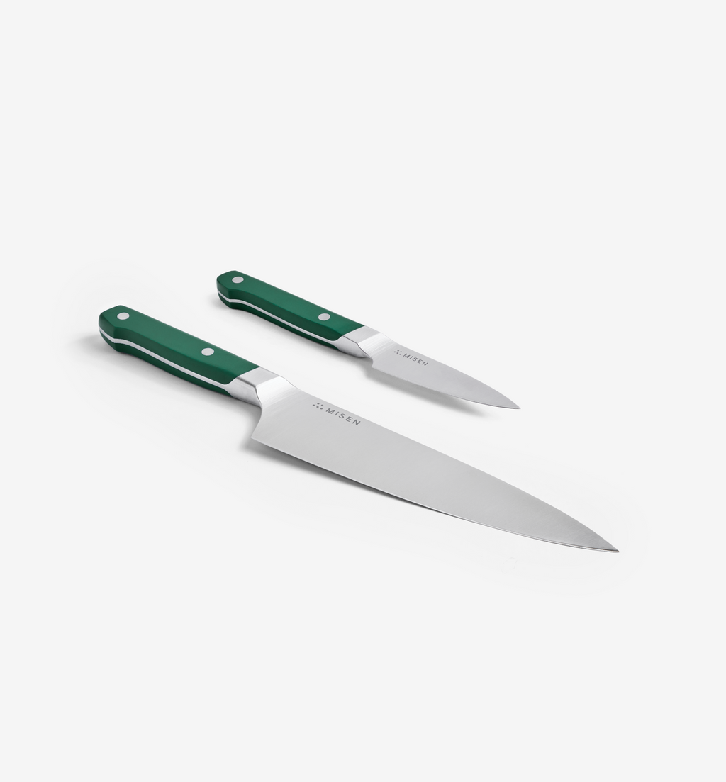 Misen chef's knife and paring knife set with green handles