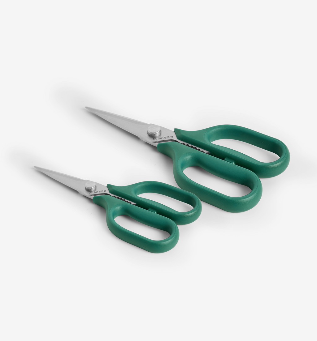 Misen kitchen scissors set with green handles, large and small sizes