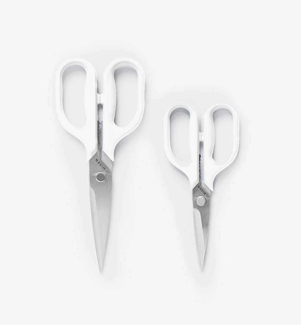 Misen kitchen shears in two sizes with white handles and stainless steel blades